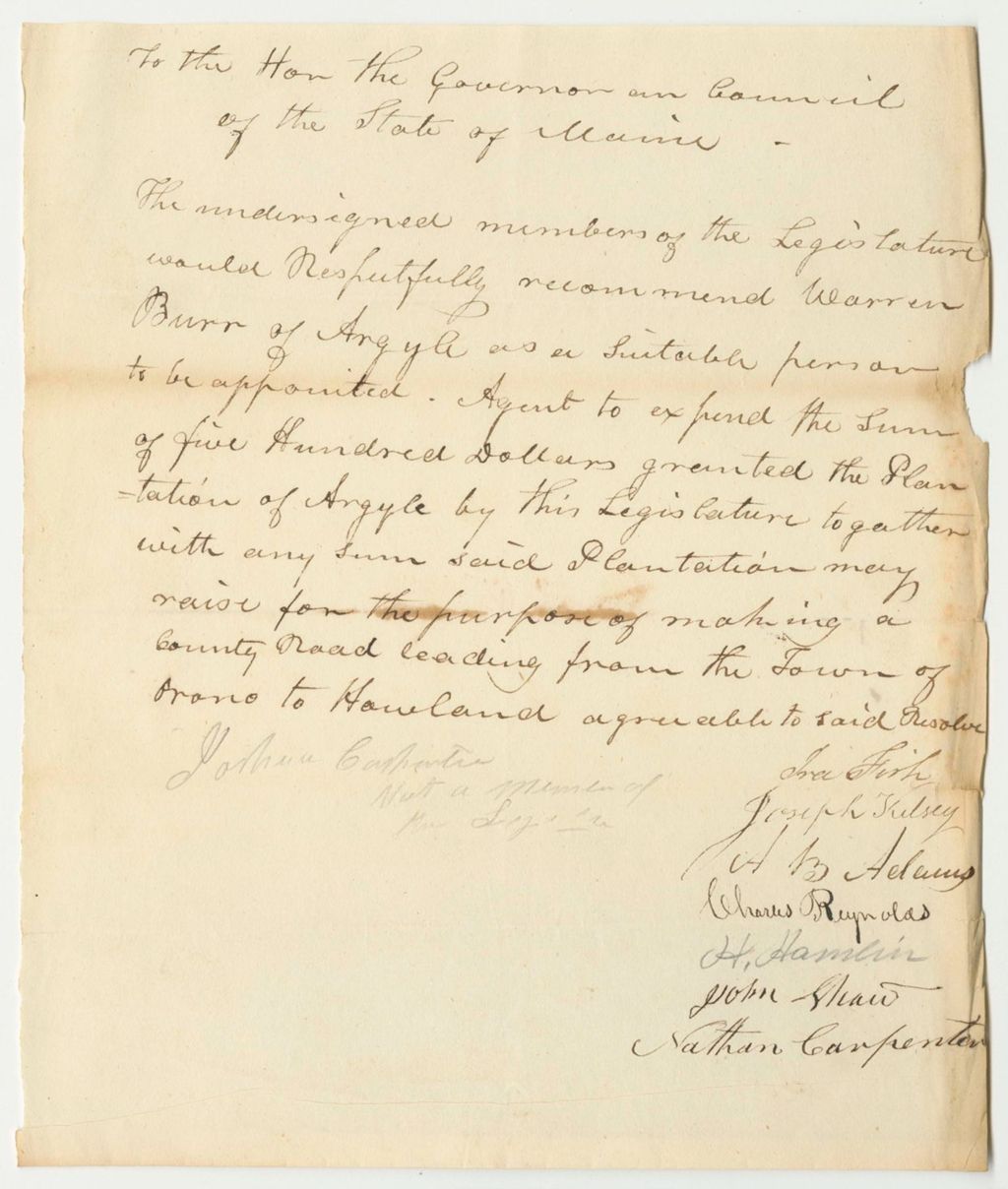 Miniature of Recommendation of Warren Burr of Argyle to be Appointed Agent to Make a Road from Orono to Howland