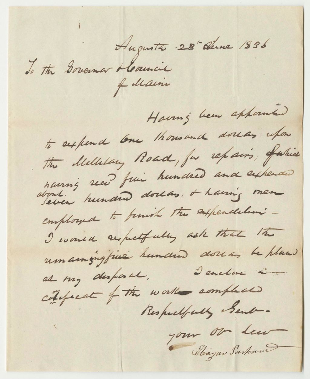 Miniature of Communication from Eleazer Packard, Requesting Funds for Expenditures on the Mars Hill Road