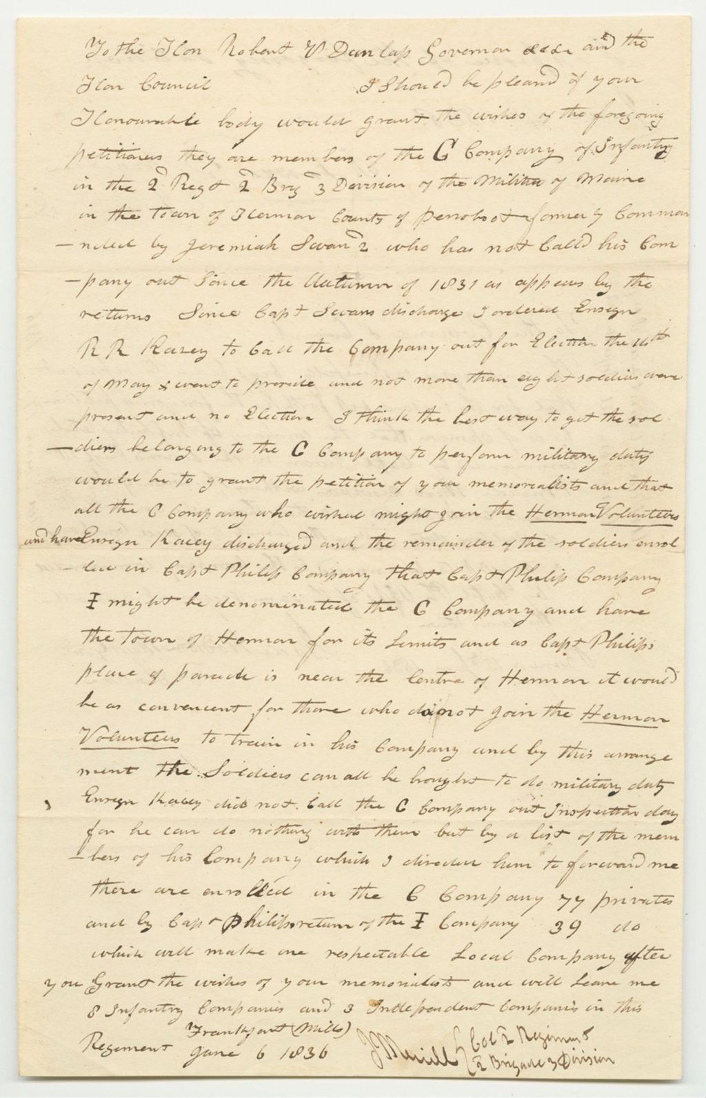 Miniature of Petition of Colonel J. Merrill and Others to Disband a Militia Company in Hermon