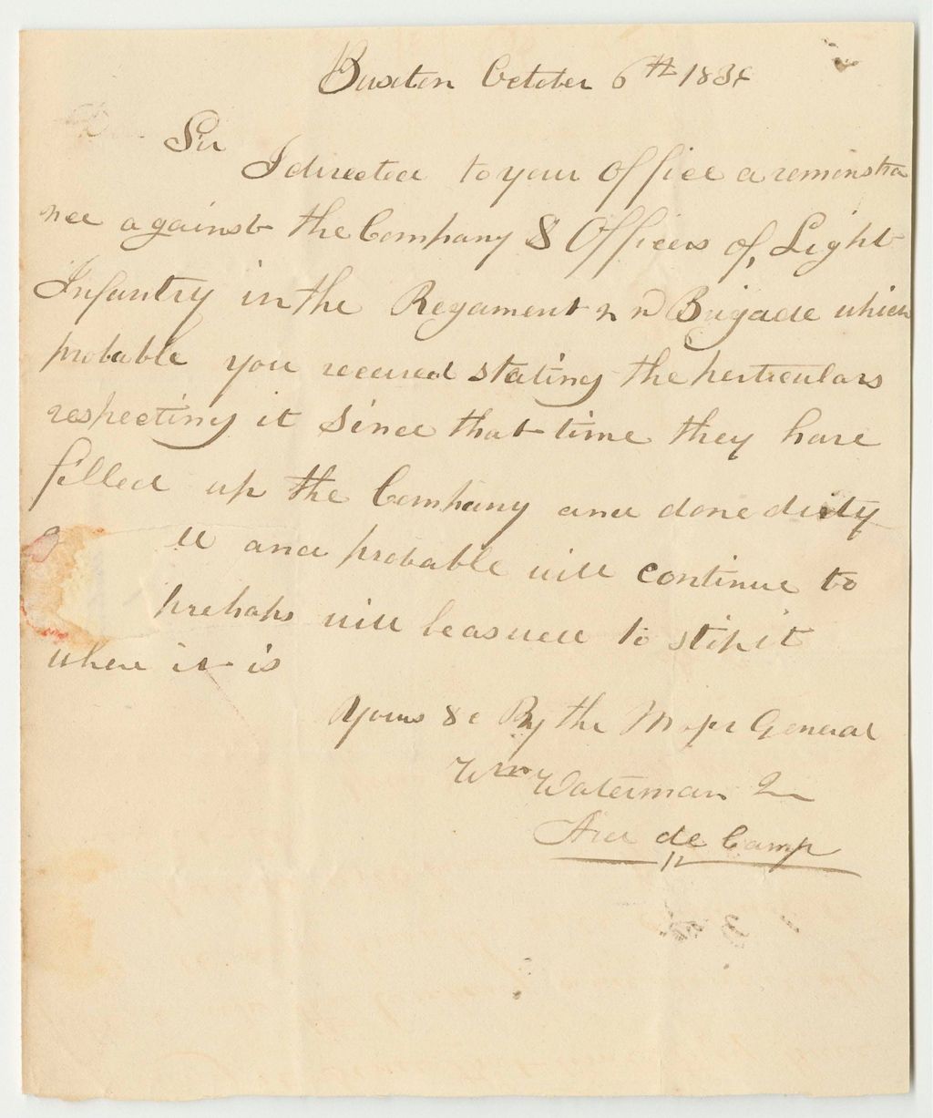 Miniature of Letter from William Waterman and Asa de Camp, in Relation to the Remonstrance Against the Company of Light Infantry