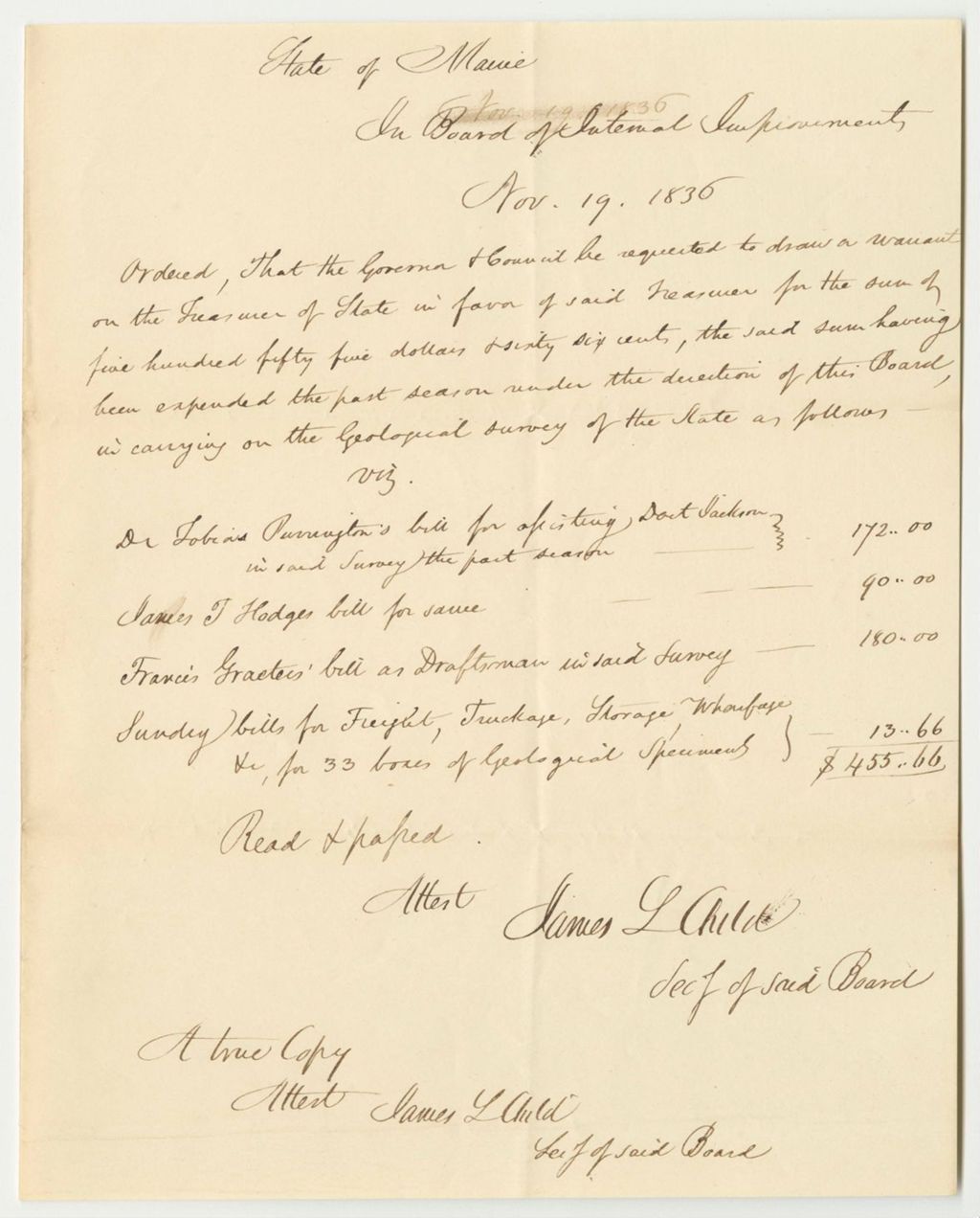 Miniature of Order That the Council Draw a Warrant in Favor of Asa Redington Jr., State Treasurer, for the Board of Internal Improvements Geological Survey