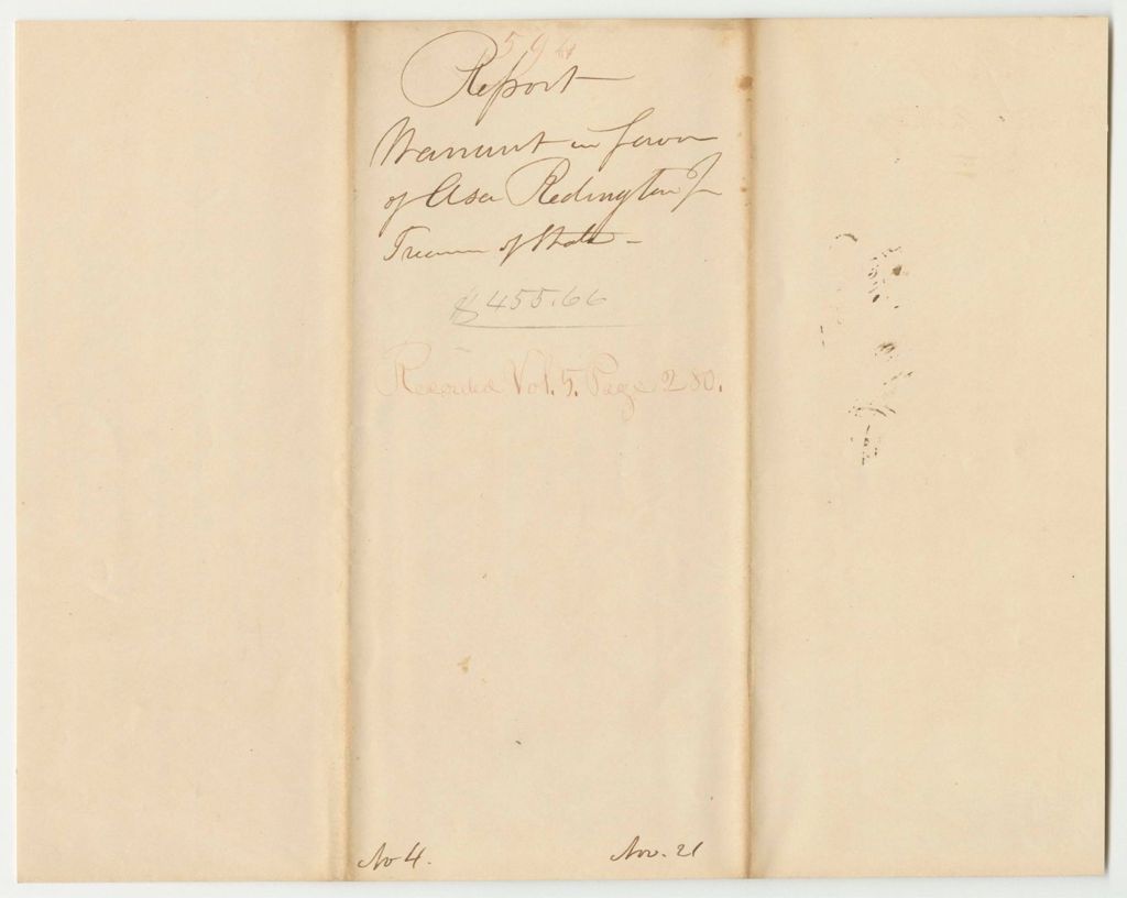 Miniature of Report 594: Warrant in Favor of Asa Redington Jr., State Treasurer, for the Board of Internal Improvements Geological Survey