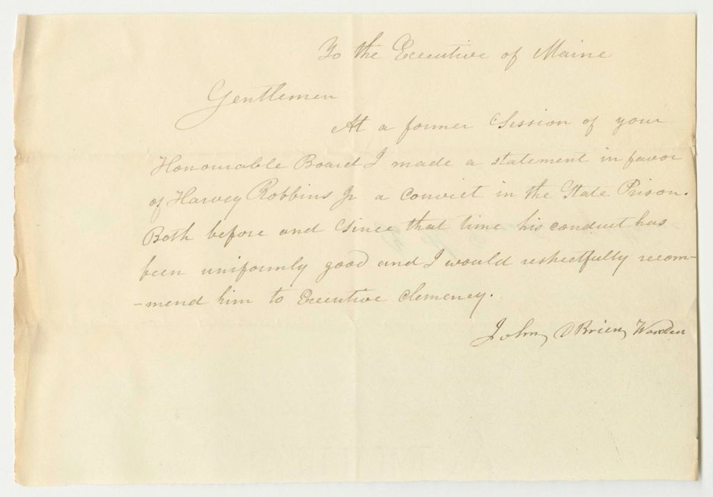 Miniature of Recommendation from John O'Brien, Warden, for the Pardon of Harvey Robbins, Jr.