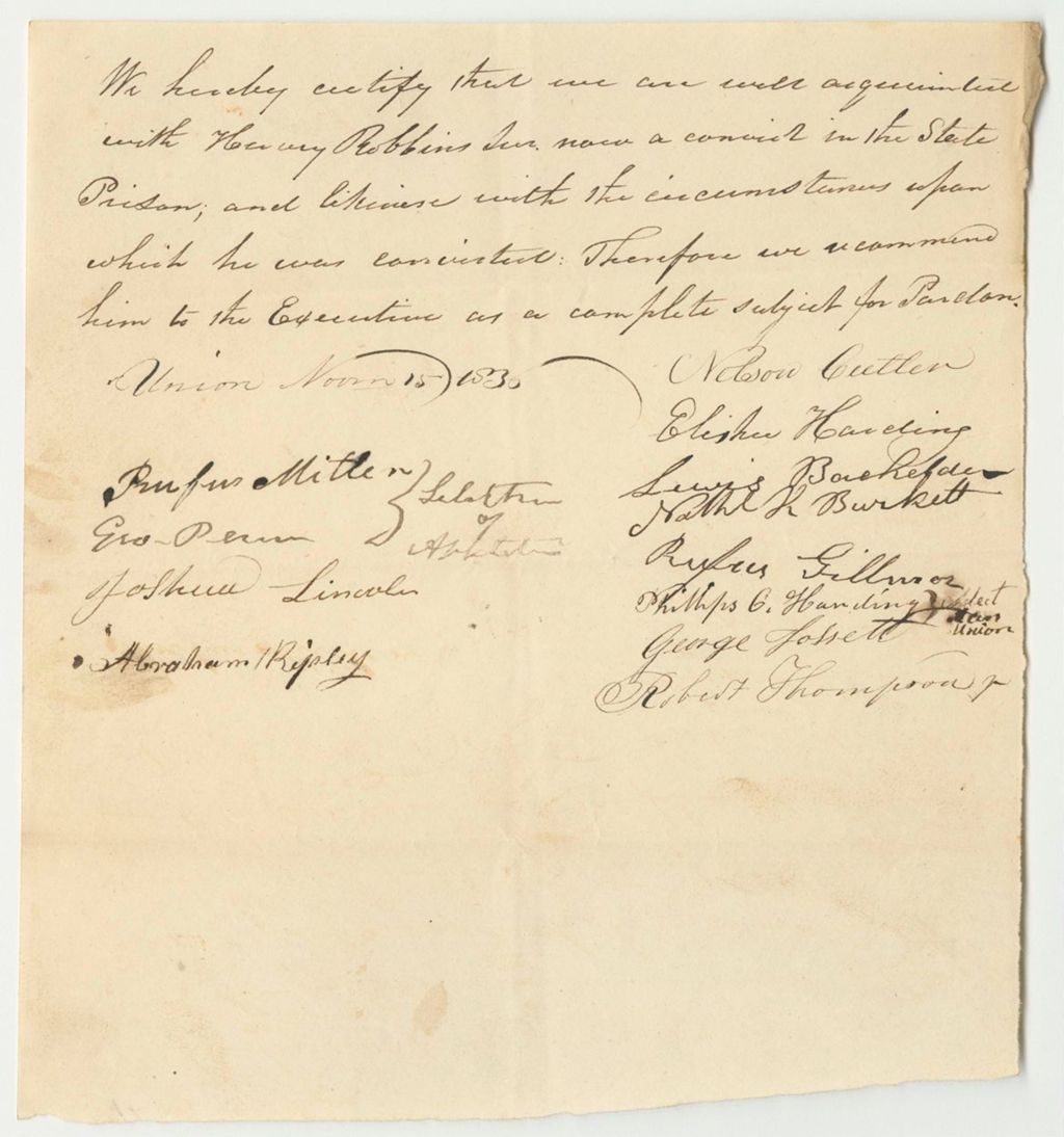 Miniature of Recommendation from the Selectmen of Appleton for the Pardon of Harvey Robbins, Jr.