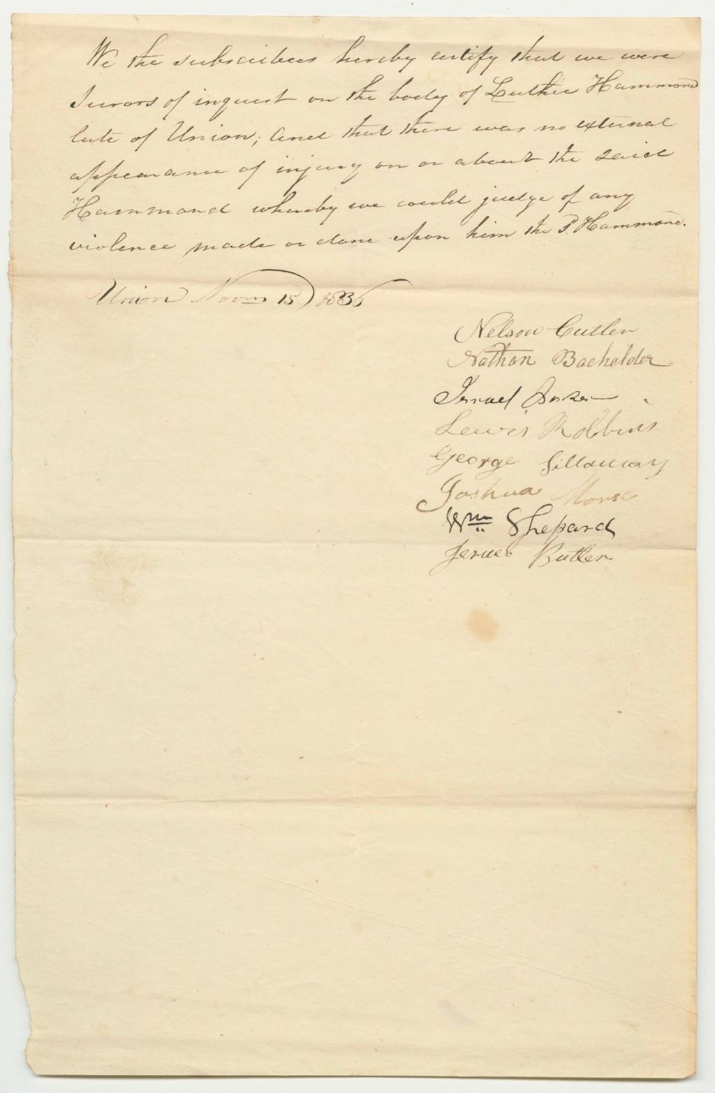 Miniature of Certificate of the Jurors in State v. Harvey Robbins, Jr., of the Inquest of Luther Hammon