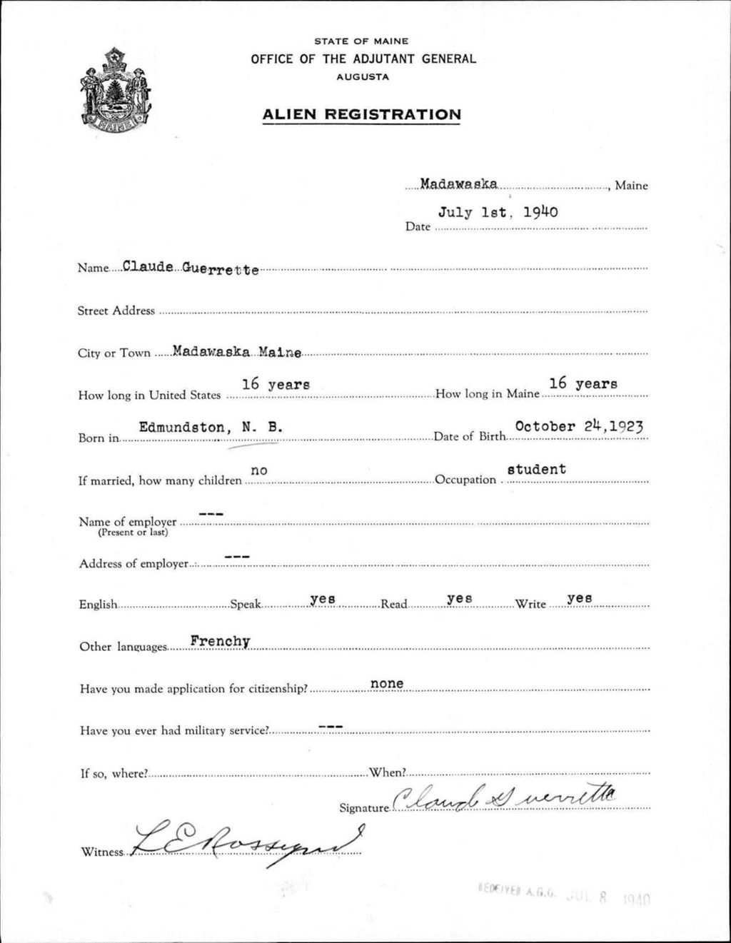 Miniature of Alien Registration- Guerrette, Claude (Madawaska, Aroostook County)