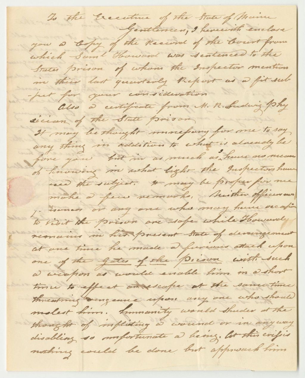Miniature of Communication from John O'Brien, Enclosing a Certificate from M.R. Ludwig, Physician of the State Prison