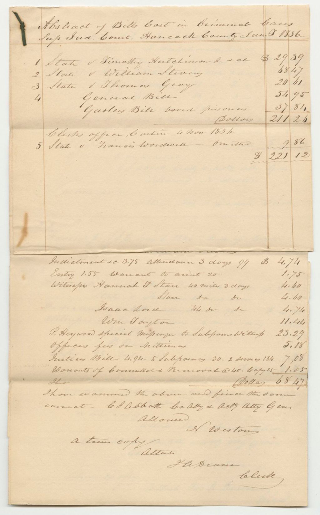 Miniature of Bills of Cost at the Supreme Judicial Court in Hancock County, June Term 1836