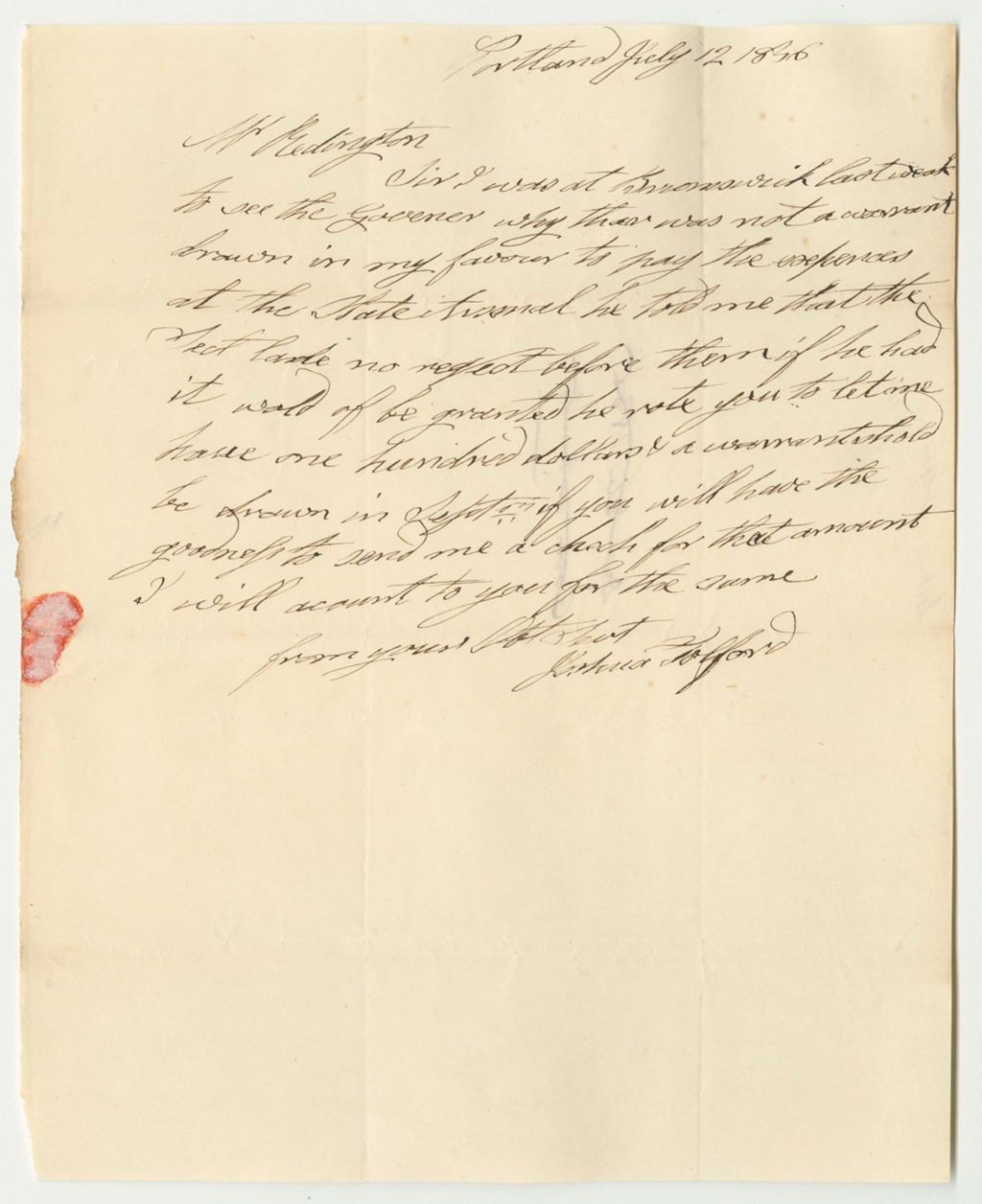 Miniature of Communication from Joshua Tolford to Asa Redington, Requesting a Warrant Be Drawn in His Favor to Pay for Expenses at the State Arsenal