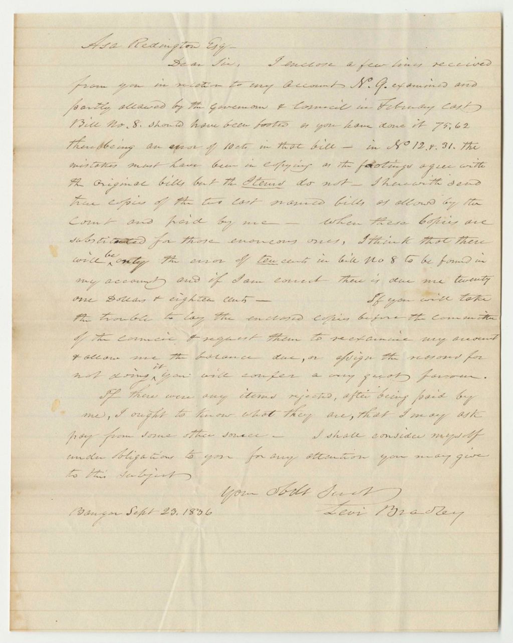 Miniature of Communication from Levi Bradley to Asa Redington, Relating to Bradley's Accounts as Treasurer of Penobscot County