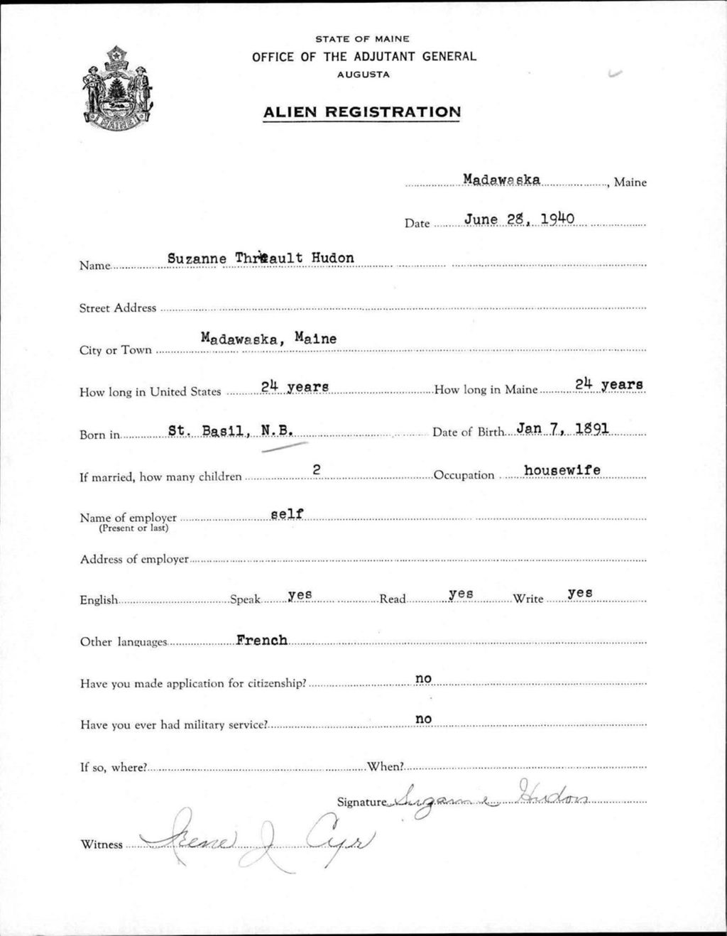 Miniature of Alien Registration- Threault, Suzanne (Madawaska, Aroostook County)