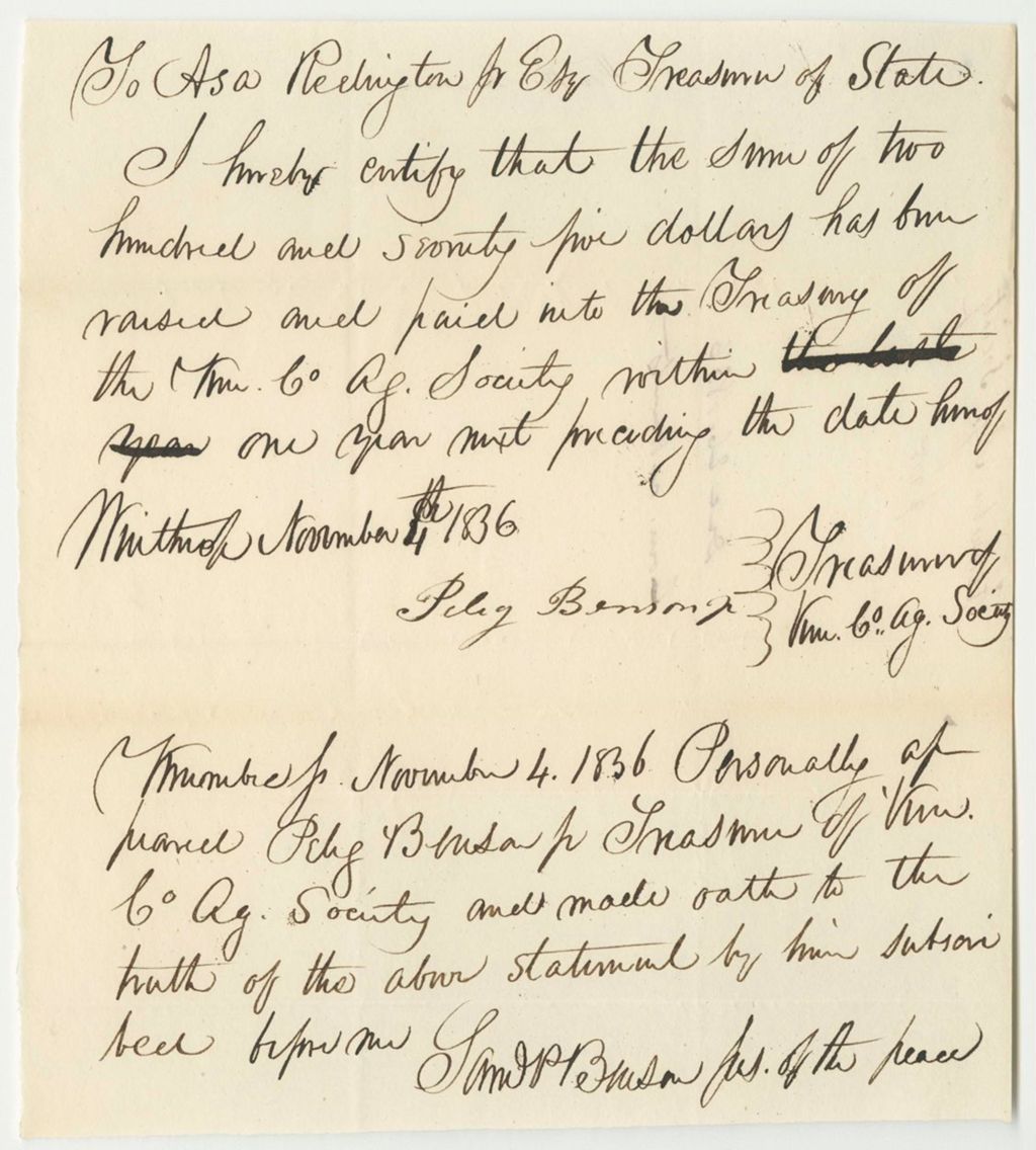 Miniature of Certificate of Peleg Benson, Jr., Treasurer of the Kennebec County Agricultural Society, of the Funds Deposited in the Treasury of Said Society