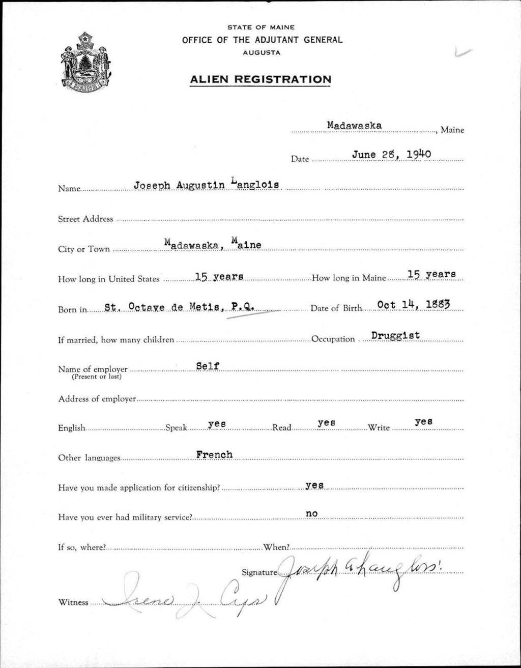 Miniature of Alien Registration- Langlois, Joseph A. (Madawaska, Aroostook County)