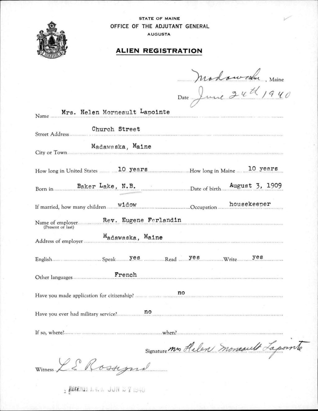 Miniature of Alien Registration- Morneault, Helen (Madawaska, Aroostook County)