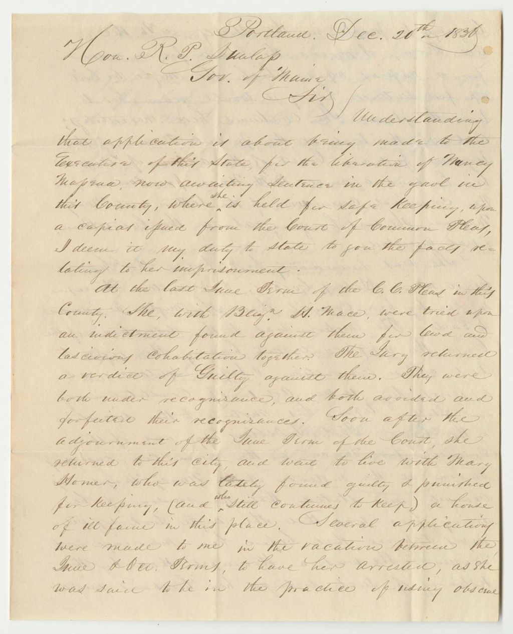Miniature of Letter from Augustine Hawes, Relating to the Case Against Nancy Masena