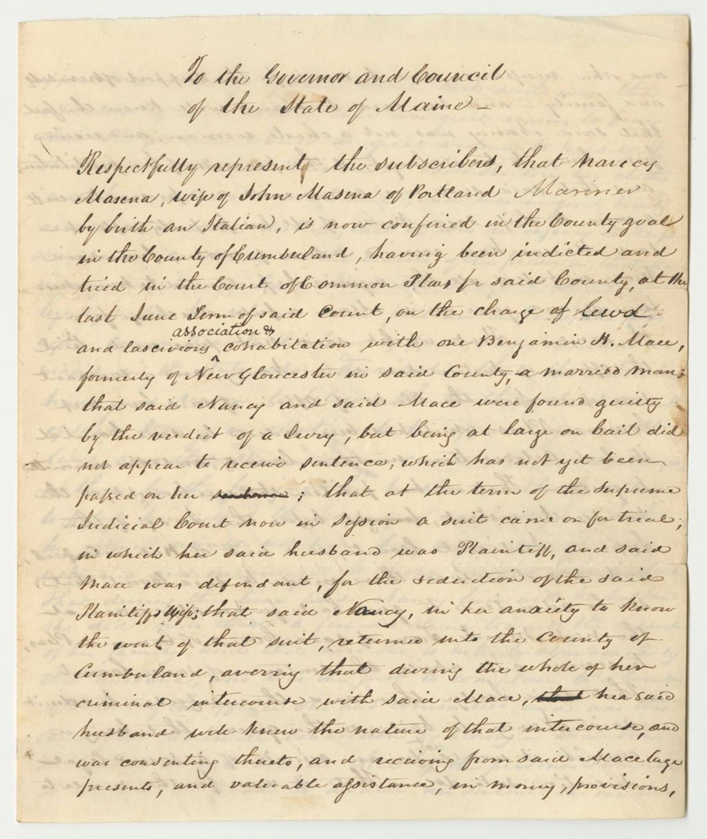 Miniature of Petition for the Pardon of Nancy Masena of Portland