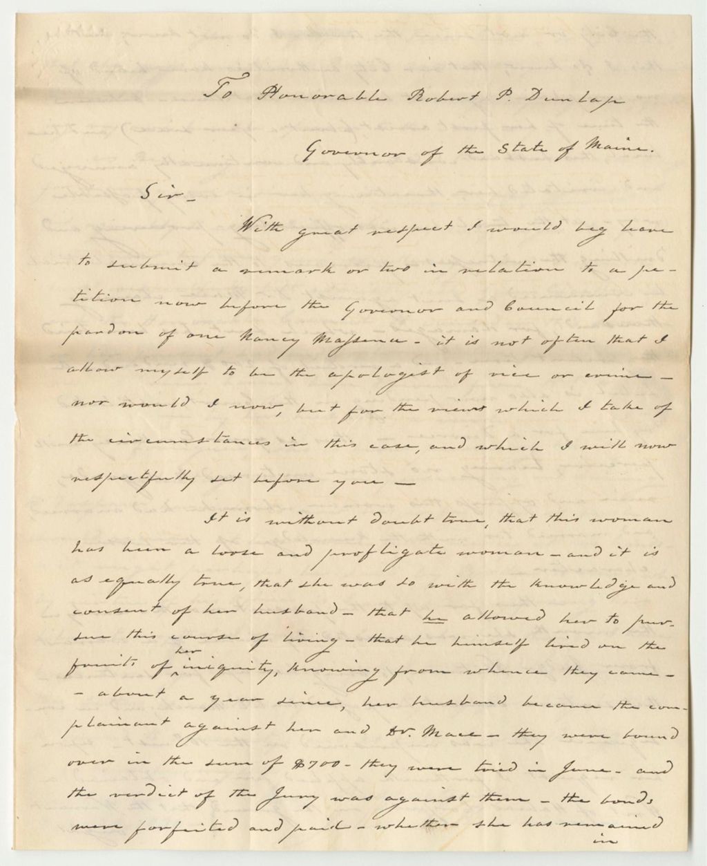 Miniature of Letter from John D. Kinsman, Relating to the Petition for the Pardon of Nancy Masena