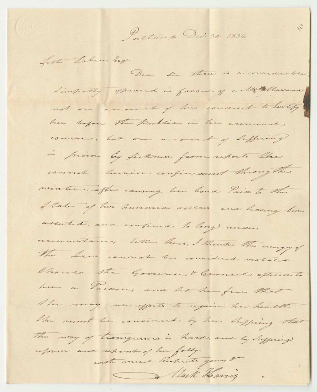 Miniature of Letter from Mark Harris, Relating to the Petition for the Pardon of Nancy Masena