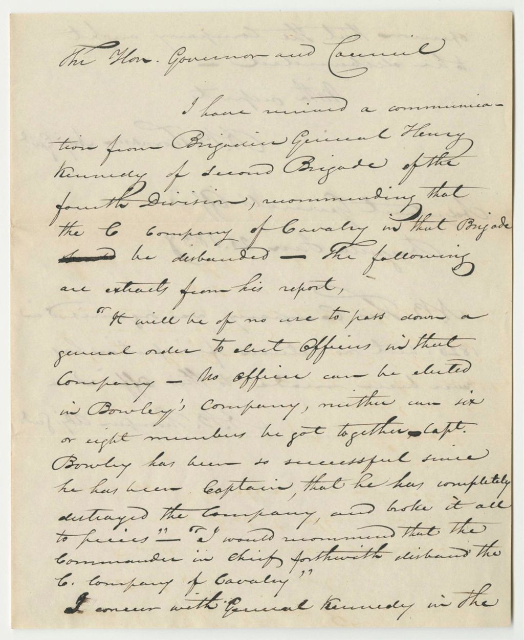 Miniature of Petition of the Adjutant General Regarding Disbanding a Company of Cavalry in the 4th Division, 2nd Brigade