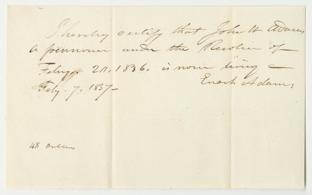 Miniature of Certificate for the Pension of John W. Adams