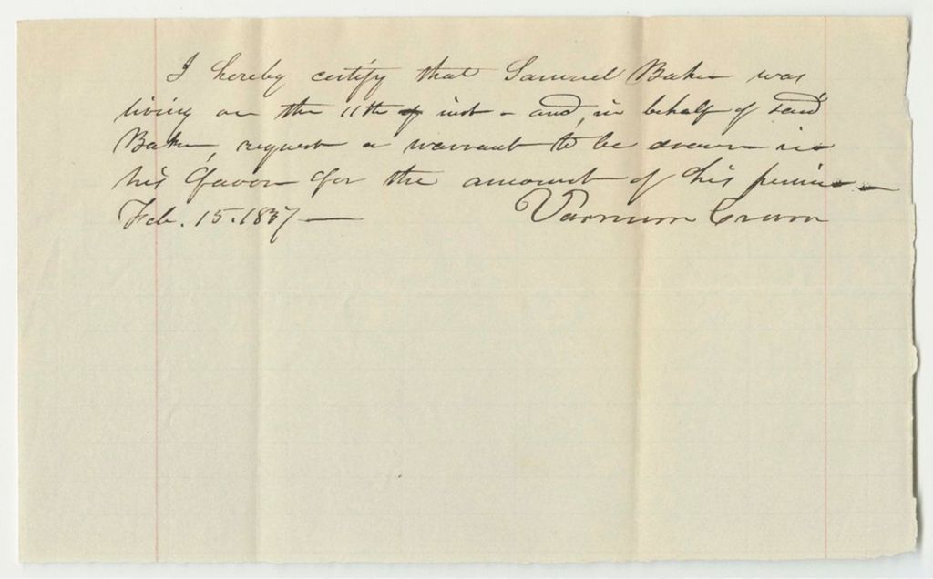 Miniature of Certificate for the Pensions of Samuel Baker
