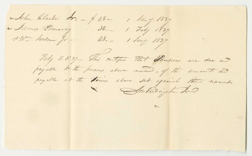 Miniature of Certificate for the Pensions of John Clarke Jr., James Pomroy, and William Jordan Jr.