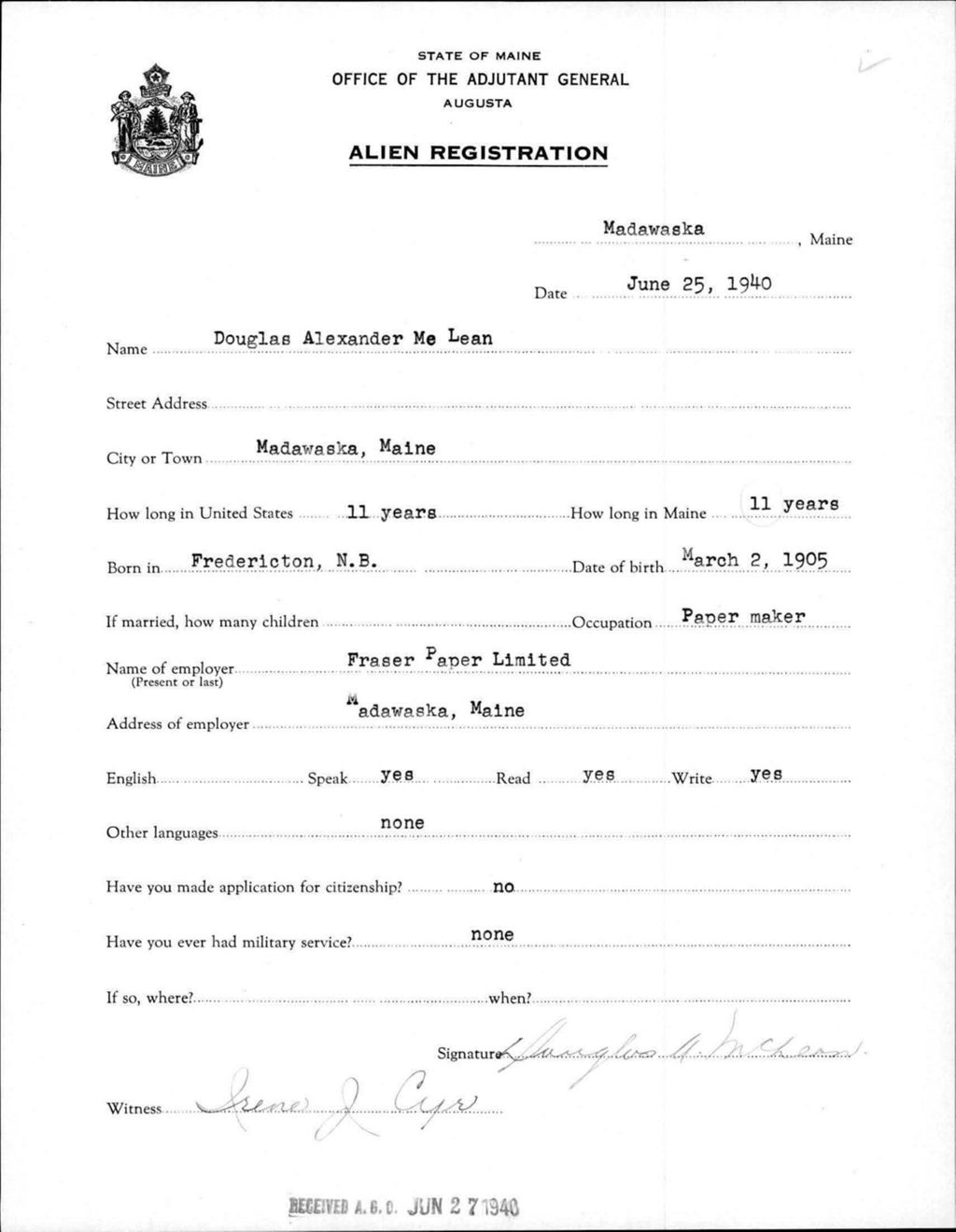 Miniature of Alien Registration- Mclean, Douglas A. (Madawaska, Aroostook County)
