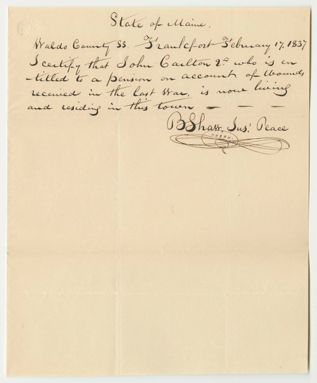 Miniature of Certificate for the Pension of John Carleton the 2nd