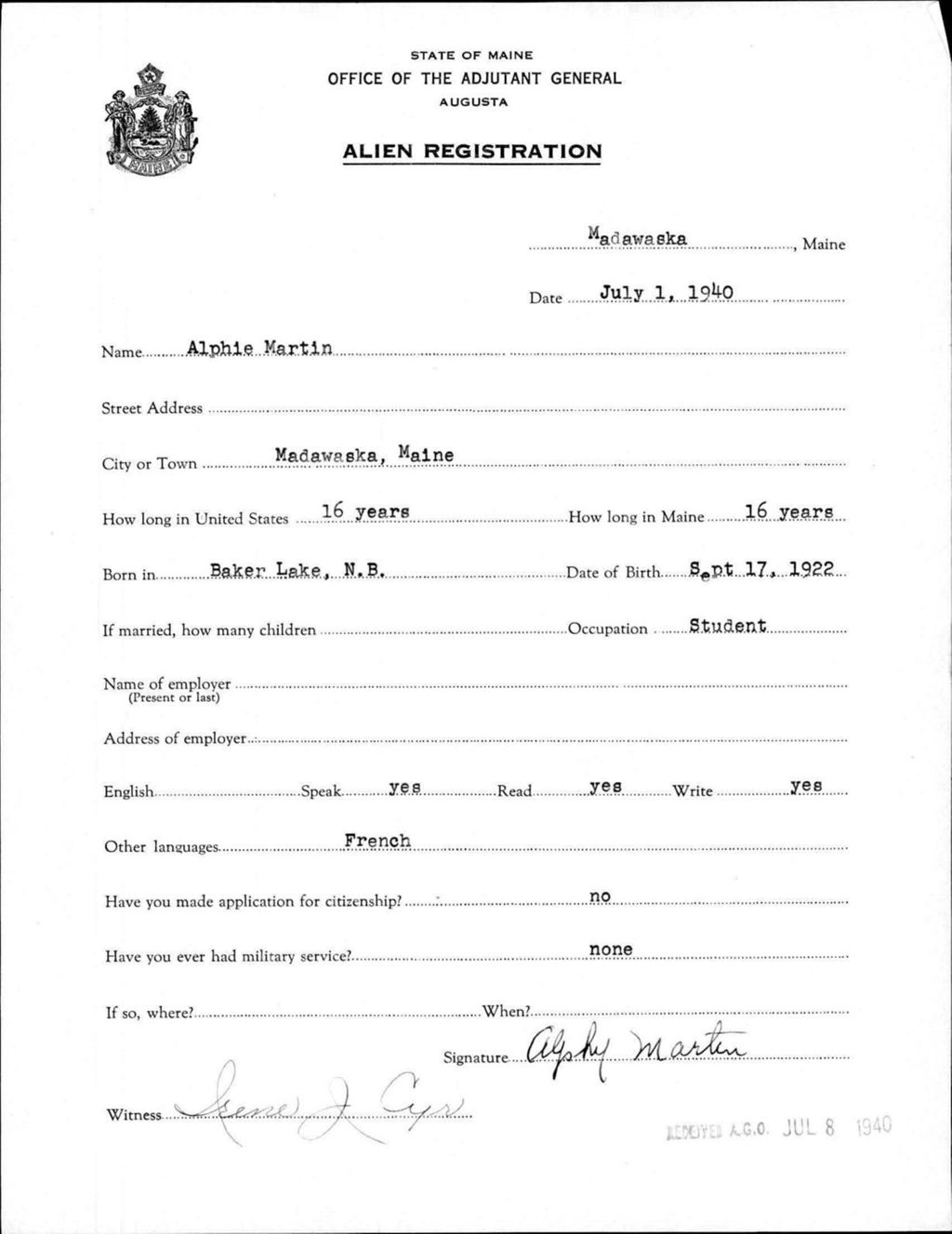 Miniature of Alien Registration- Martin, Alphie (Madawaska, Aroostook County)