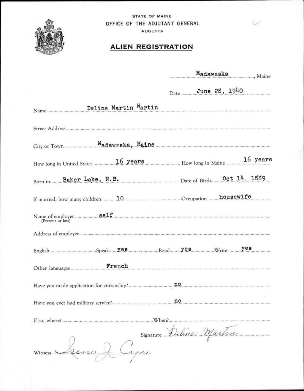 Miniature of Alien Registration- Martin, Delina M. (Madawaska, Aroostook County)