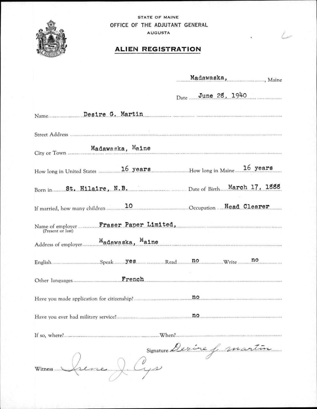 Miniature of Alien Registration- Martin, Desire G. (Madawaska, Aroostook County)