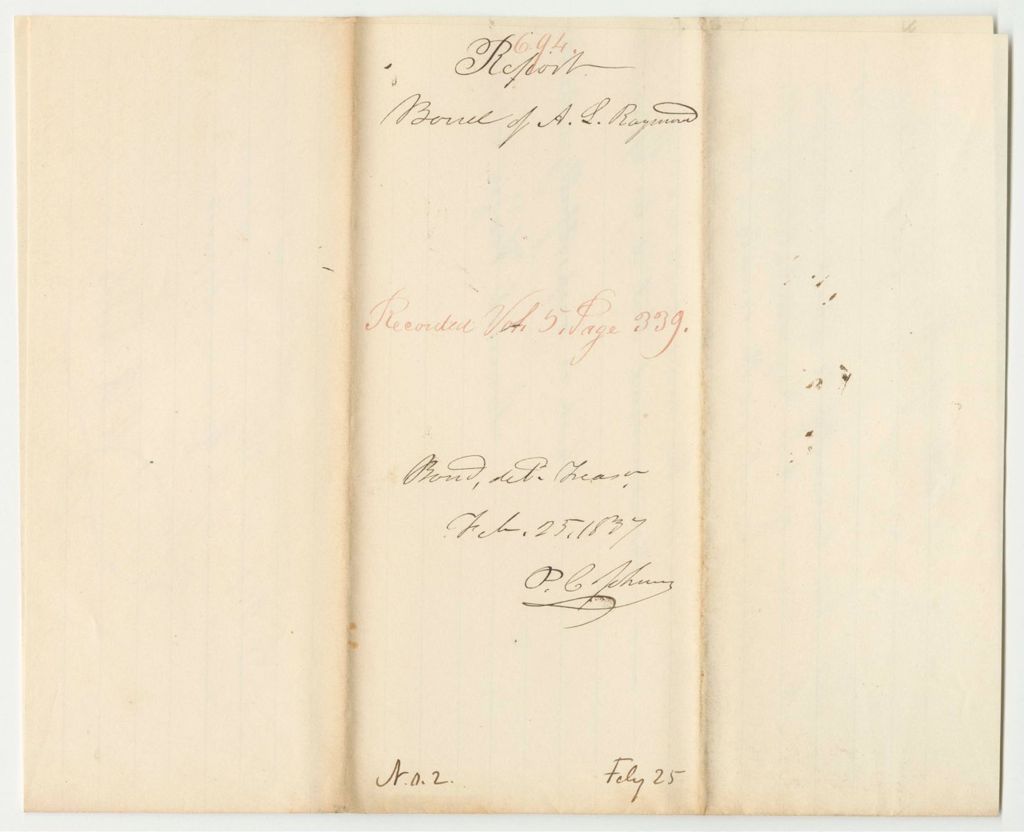 Miniature of Report 694: Return on the Bond of A. L. Raymond, Clerk of the Judicial Courts in Washington County