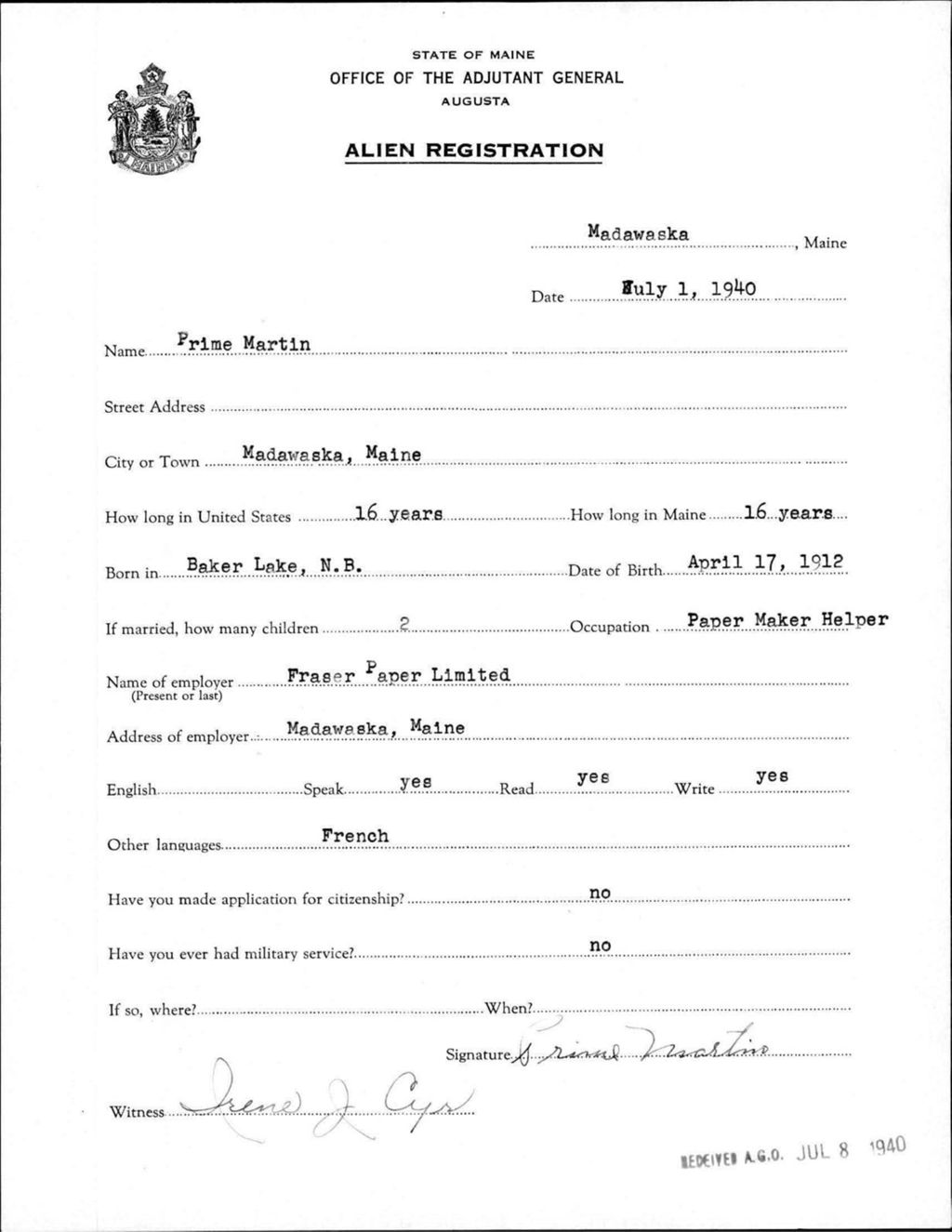 Miniature of Alien Registration- Martin, Prime (Madawaska, Aroostook County)