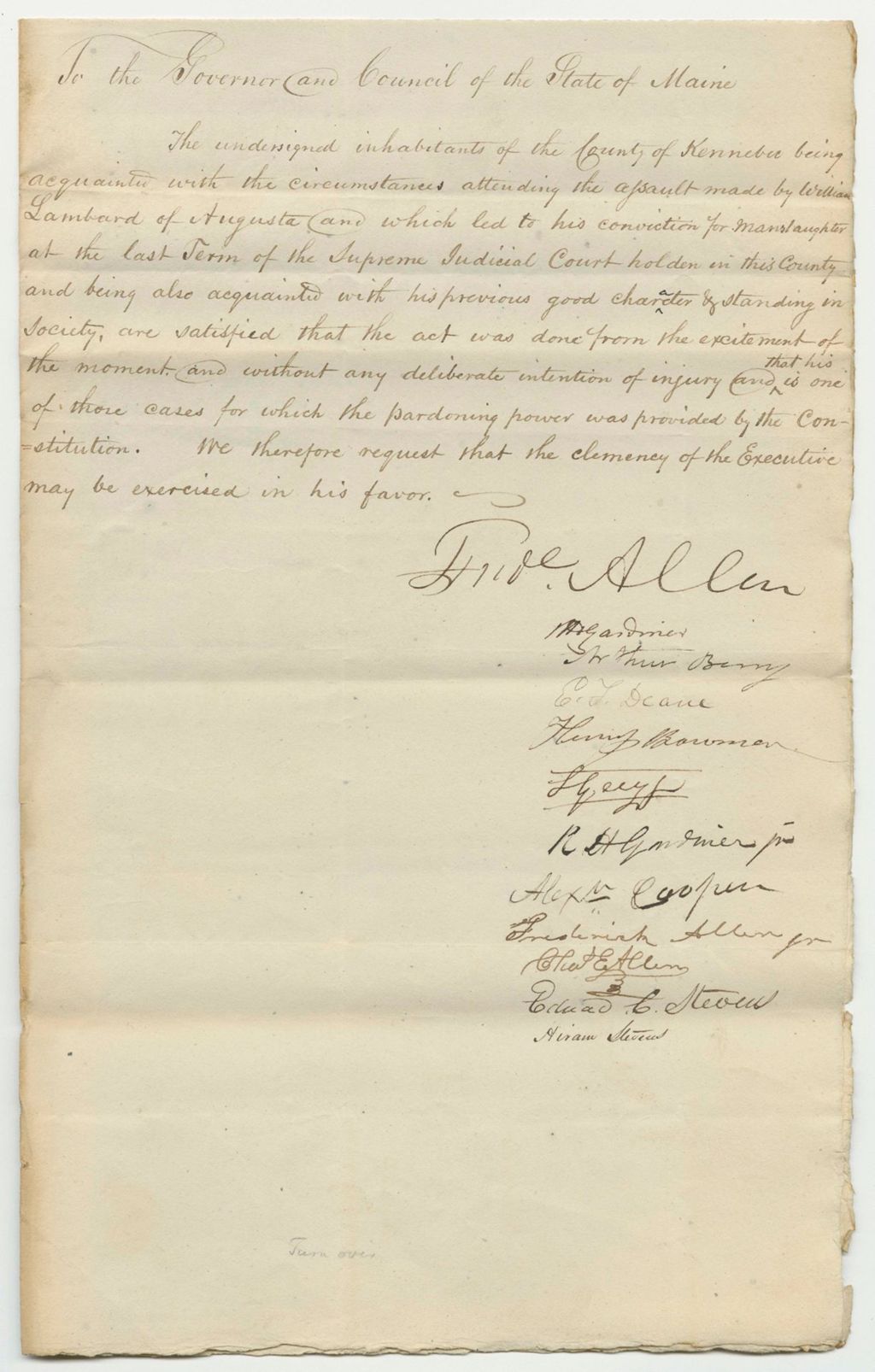 Miniature of Petition of Frederick Allen for the Pardon of William Lambard