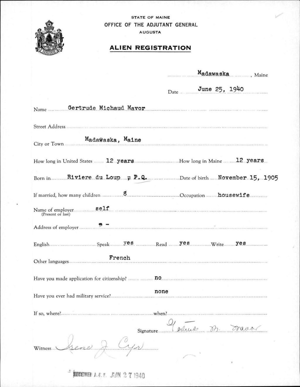 Miniature of Alien Registration- Michaud, Gertrude (Madawaska, Aroostook County)