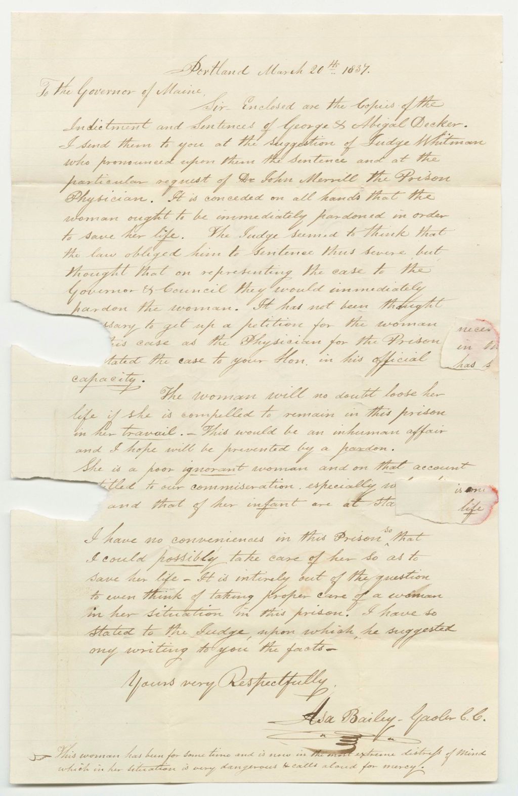 Miniature of Representation of Asa Bailey, Gaoler, Recommending the Pardon of Abigail Decker