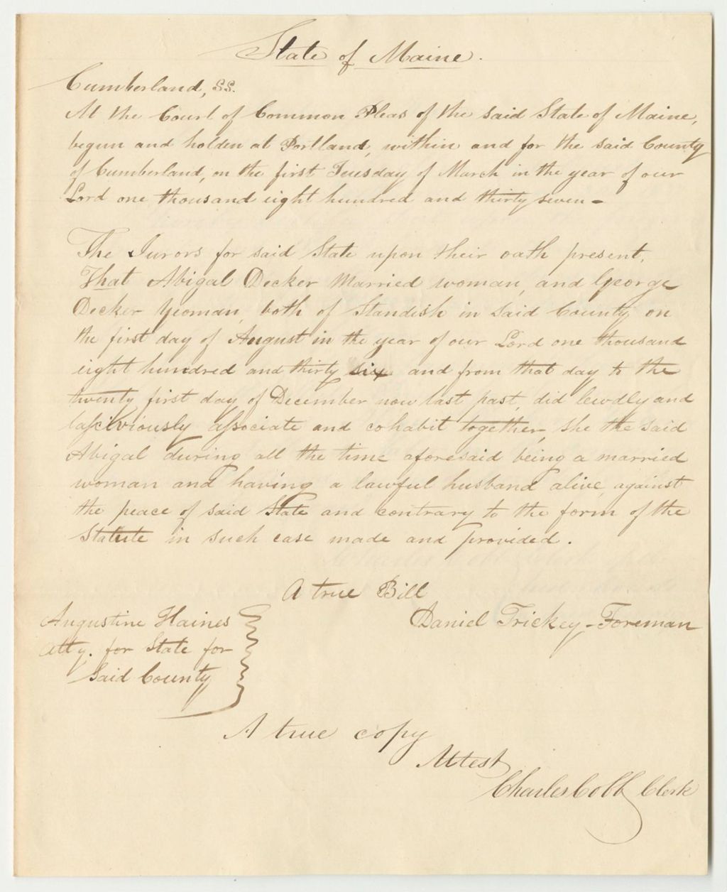 Miniature of Copy of the Indictment of Abigail Decker and George Decker