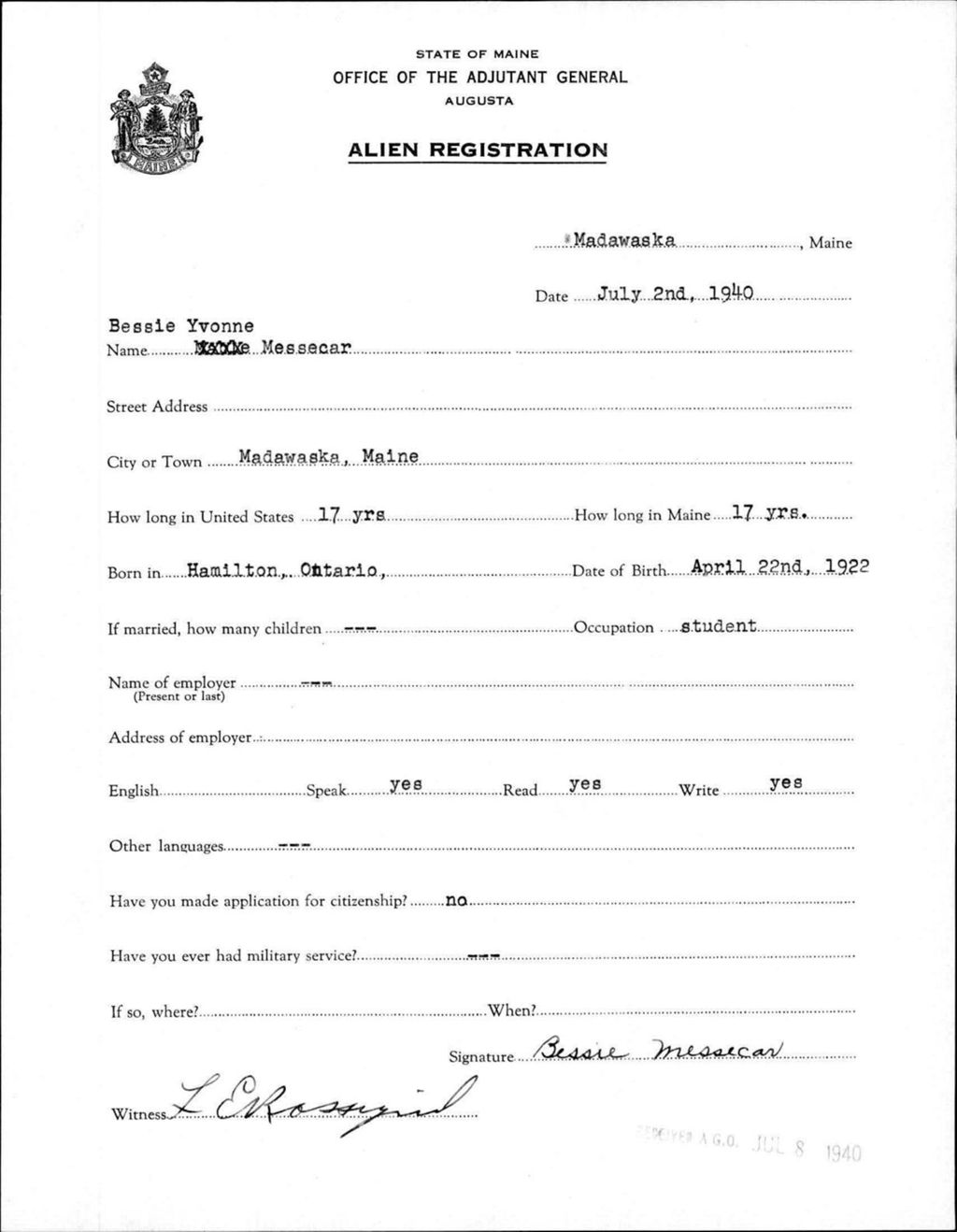 Miniature of Alien Registration- Messecar, Bessie Y. (Madawaska, Aroostook County)
