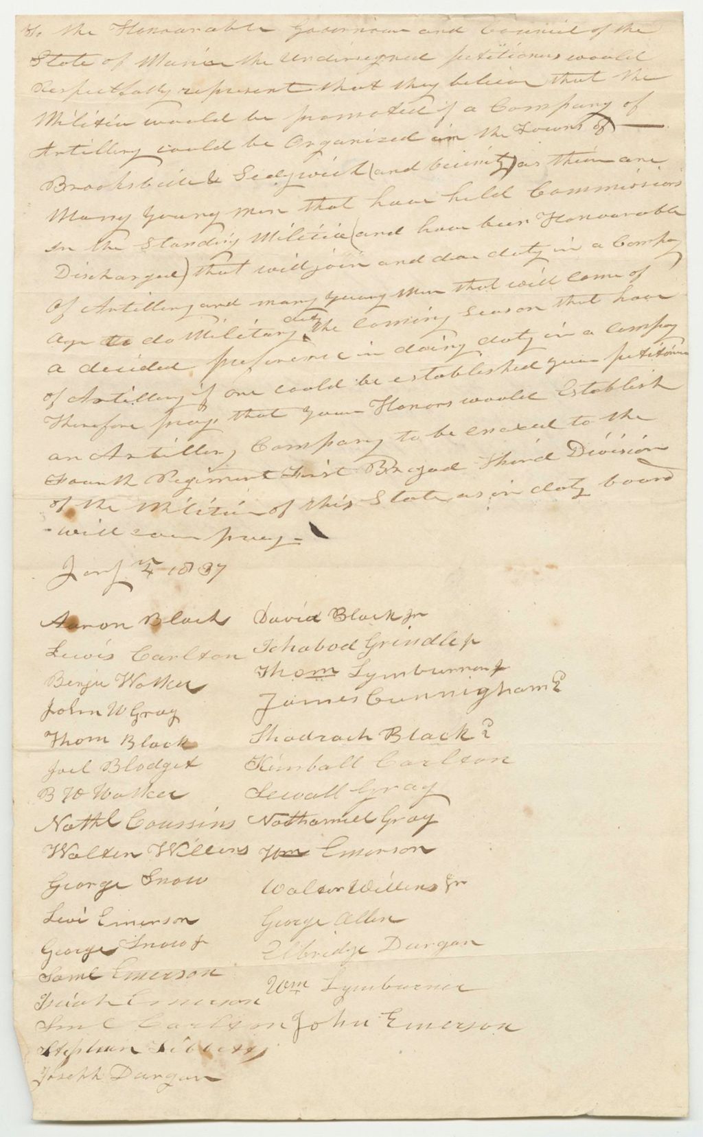 Miniature of Petition of David Black Jr. and Others for an Artillery Company in Brooksville