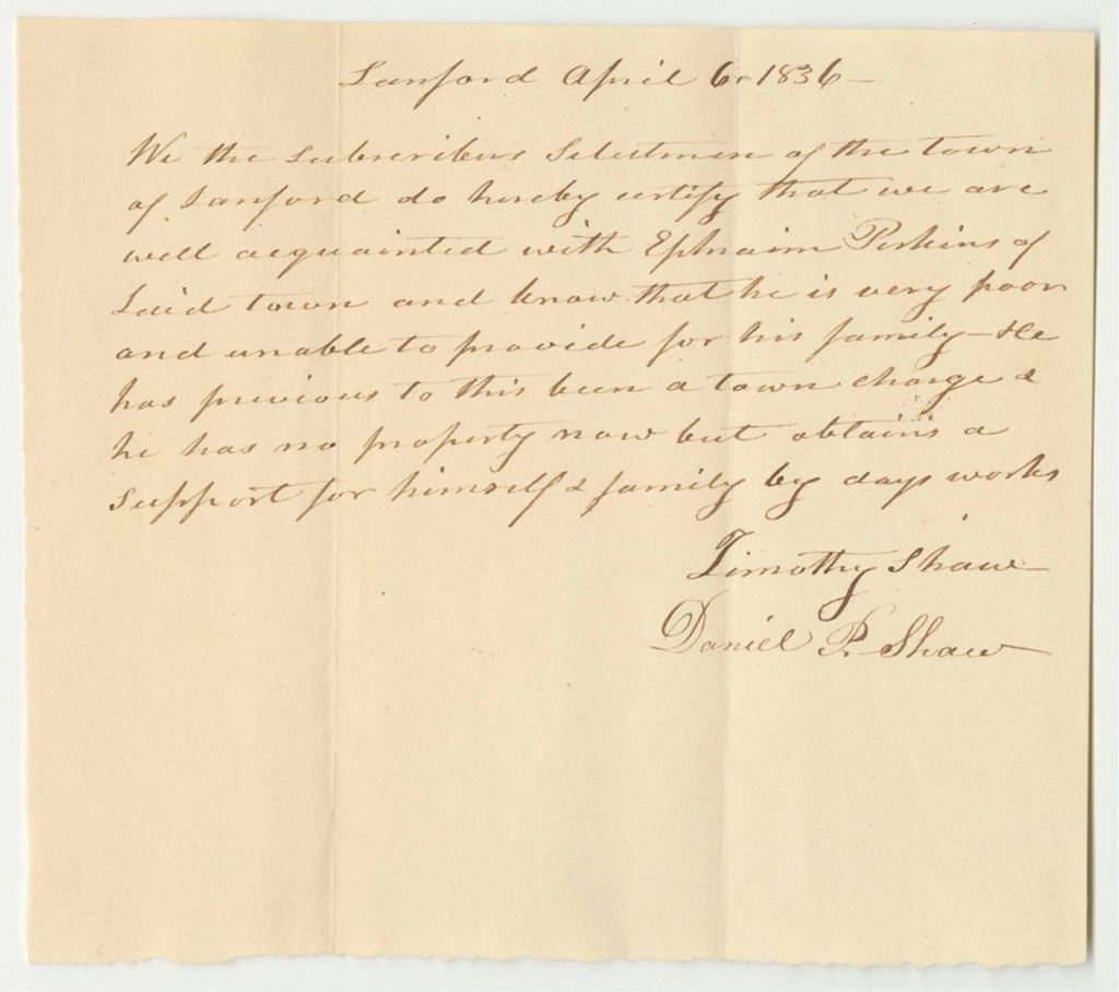 Miniature of Certificate of the Selectmen of the Town of Sanford, for the Application of Ephraim Perkin's Daughters to the American Asylum for the Deaf and Dumb