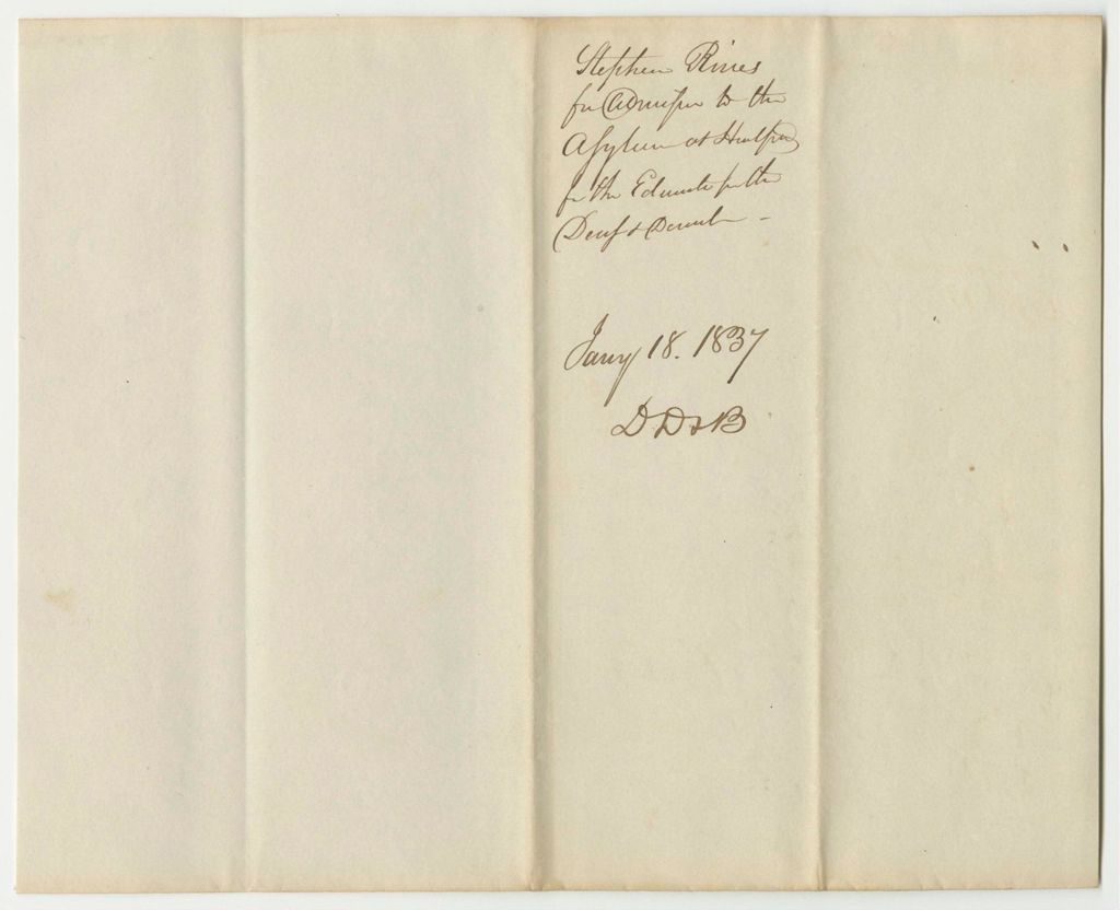 Miniature of Stephen Rines' Application for Admission to the American Asylum for the Deaf and Dumb
