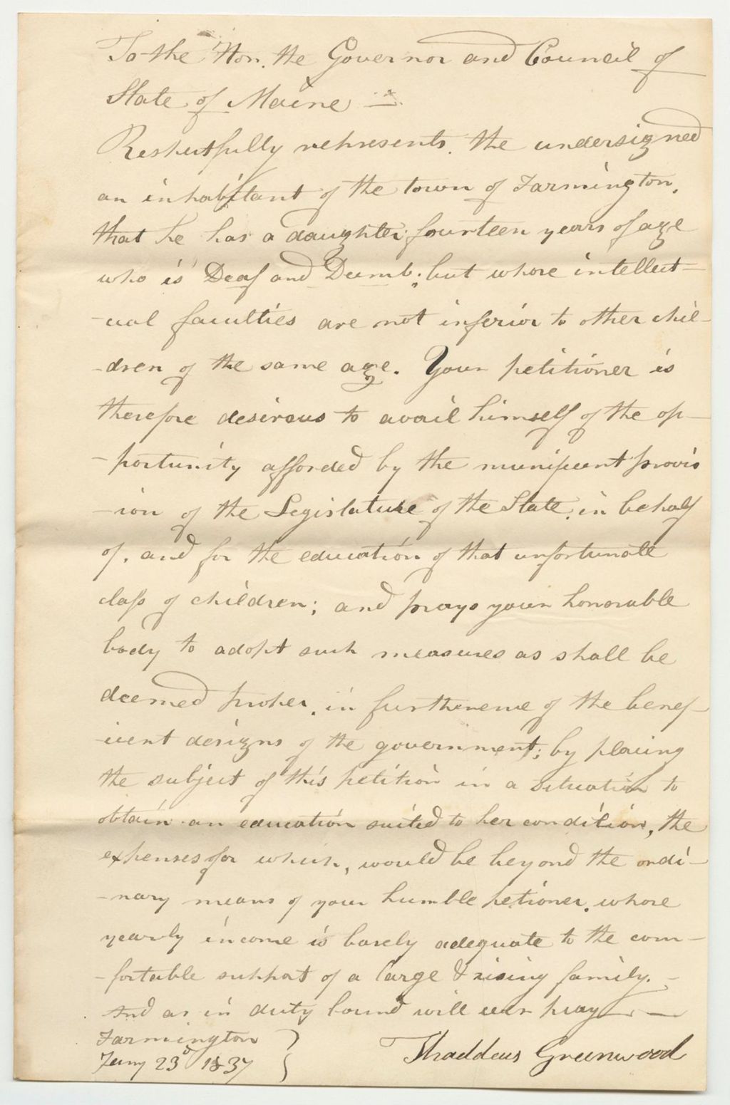 Miniature of Thaddeus Greenwood's Application for His Daughter's Admission to the American Asylum for the Deaf and Dumb