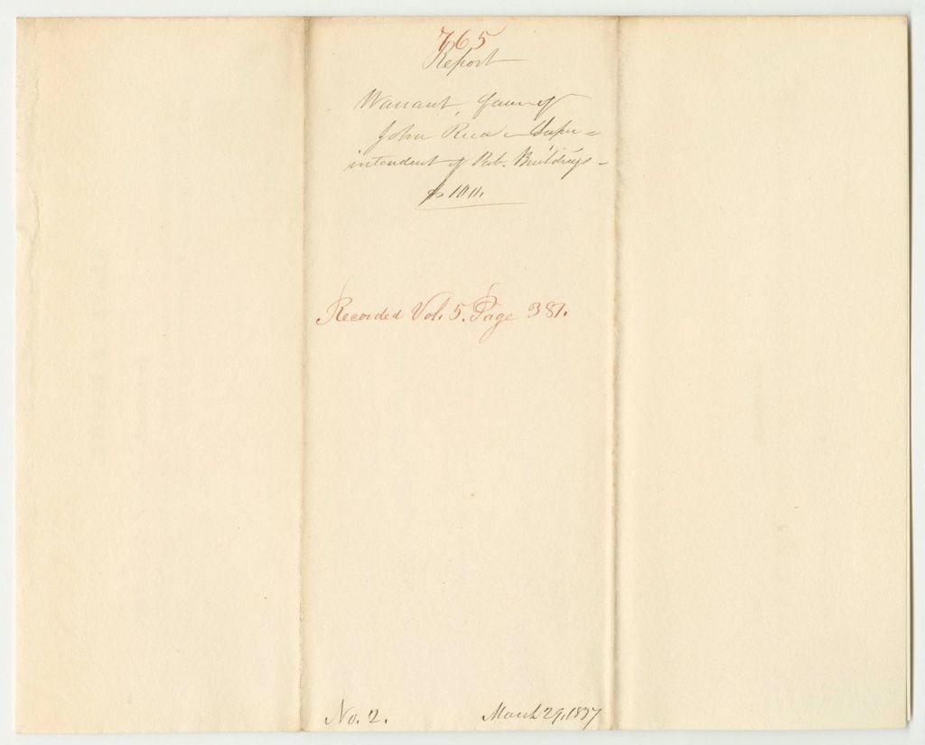 Miniature of Report 765: Warrant in Favor of John Reed, Superintendent of Public Buildings