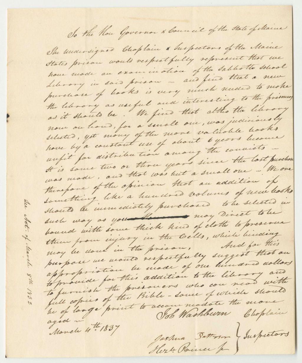 Miniature of Communication from Joshua Patterson and Herbert Prince Jr., Inspectors of the States Prison, Relating to Books for the Sabbath School