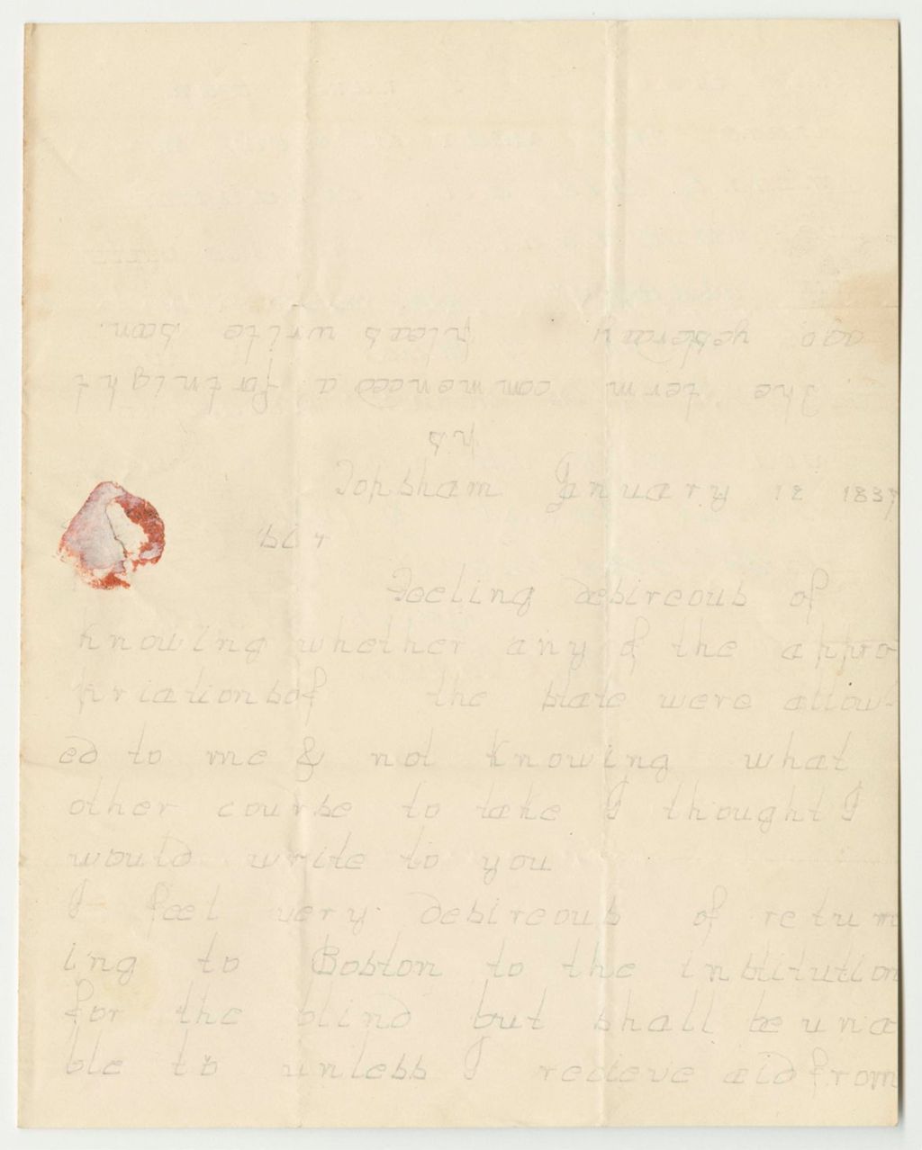 Miniature of Letter from Otis Patten , Requesting Aid to Continue Attending the New England Institute for the Education of the Blind
