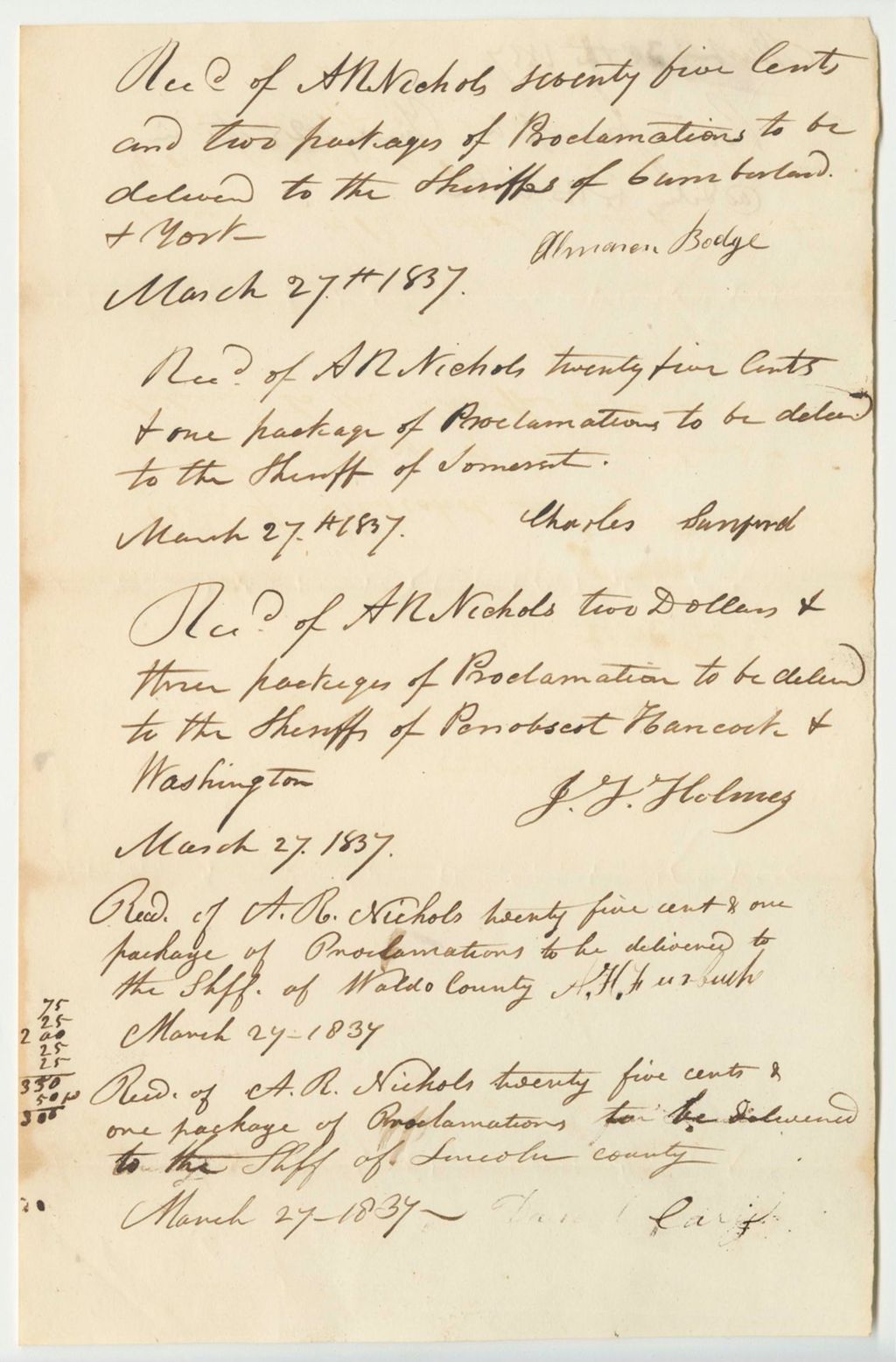 Miniature of A.R. Nichol's Receipts for Packages of Proclamations