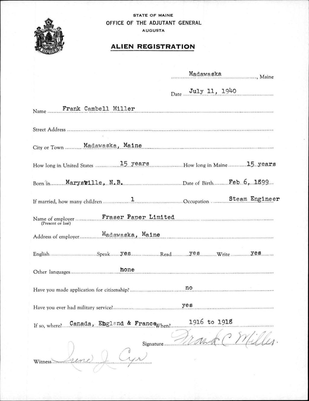 Miniature of Alien Registration- Miller, Frank C. (Madawaska, Aroostook County)