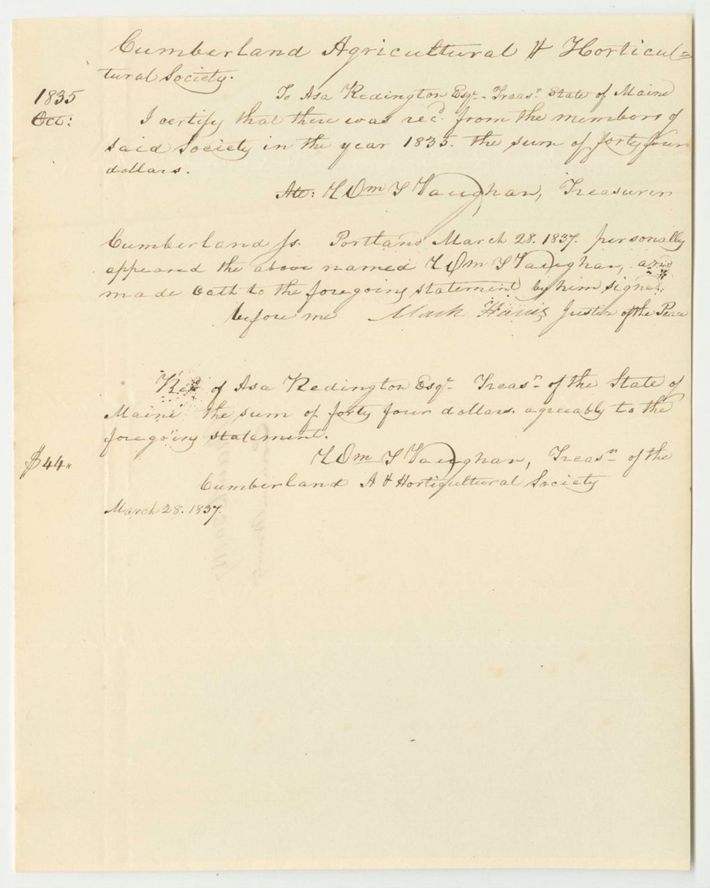 Miniature of Certificate of William T. Vaughan, Treasurer of the Cumberland County Agricultural Society, of the Funds Deposited in the Treasury of Said Society