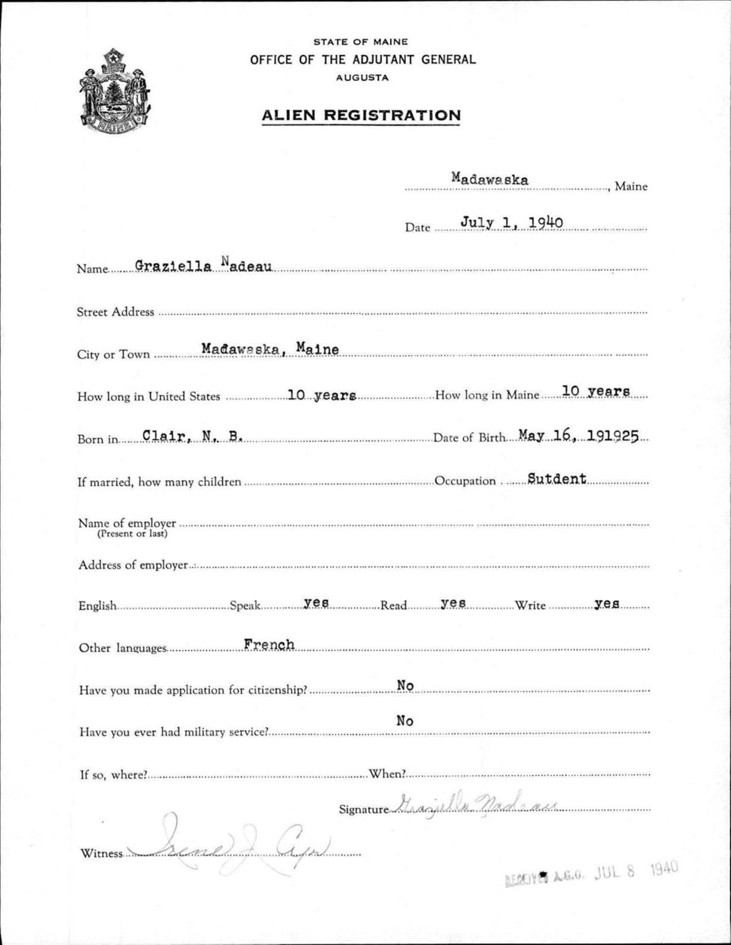 Miniature of Alien Registration- Nadeau, Graziella (Madawaska, Aroostook County)