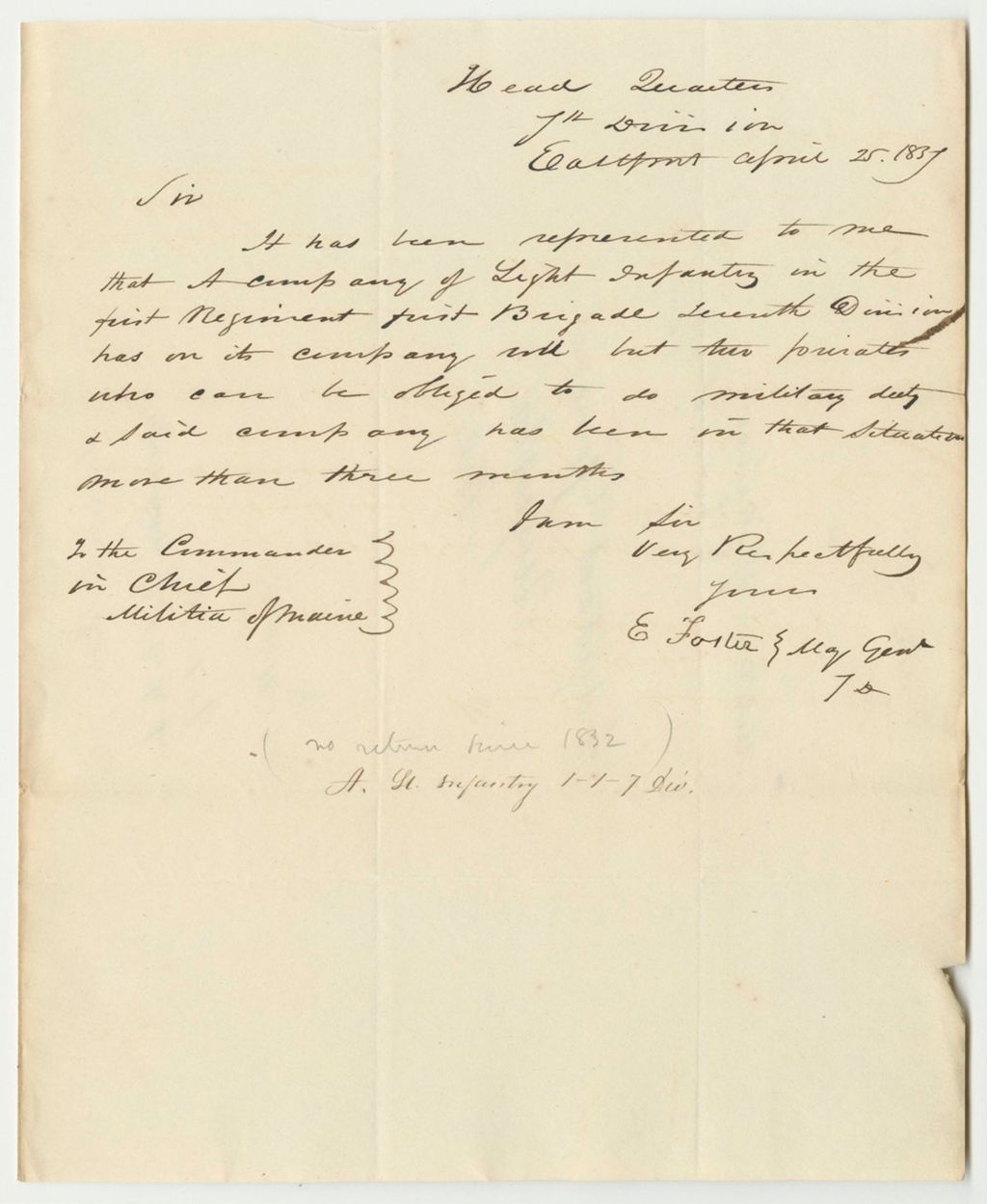 Miniature of Petition of Major General E. Foster to Disband the A Company of Light Infantry of the 1st Regiment, 1st Brigade, 7th Division